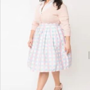 Blue and Pink Gingham Pin Dot Pleated Swing Skirt